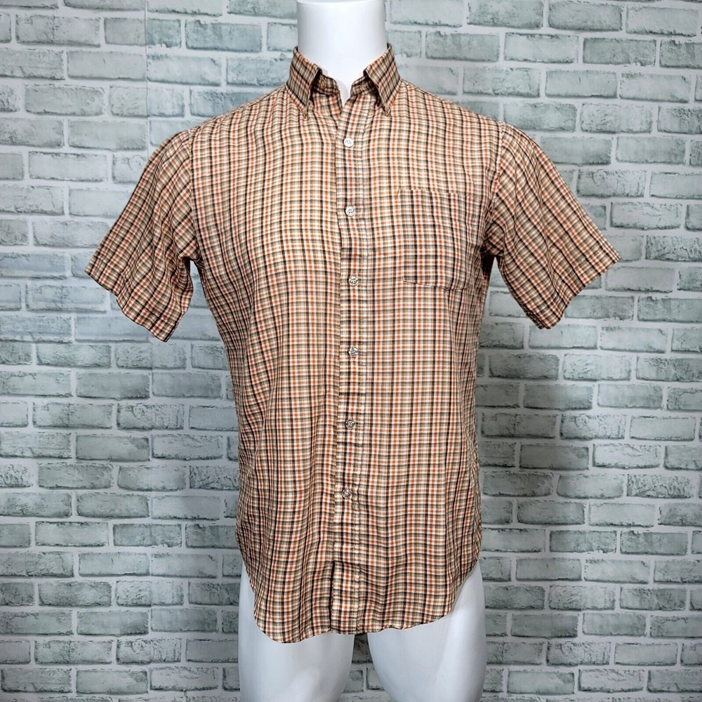 Vintage 70s Wedgefield Mens M Orange Brown Plaid Button Up Shirt Rockabilly‎